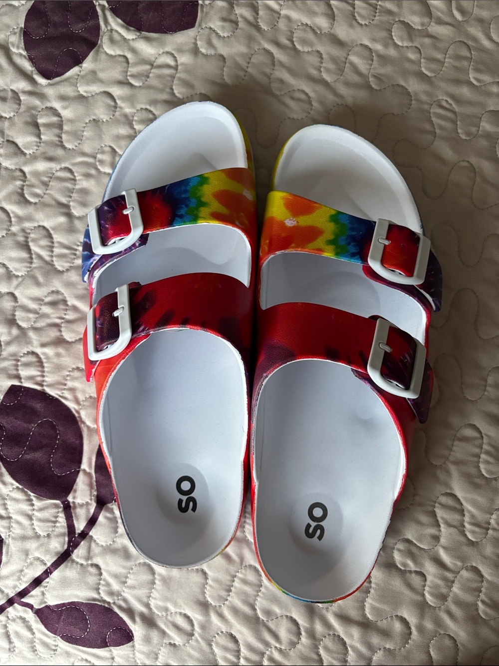 SO Women’s 9 Rainbow Tie-Dye Double Buckle Slide Sandals - White Footbed